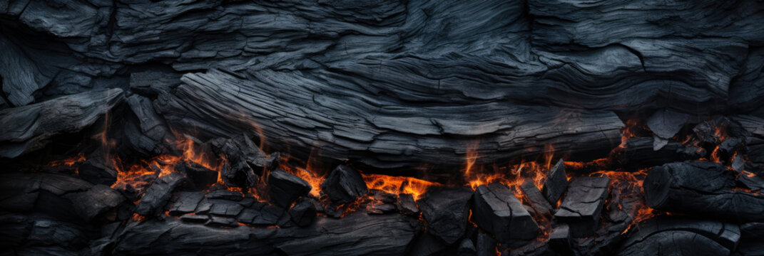 Black charcoal with fire, burnt wood texture background, panoramic banner. Abstract charred timber, pattern of embers. Concept of coal, bbq, grill, barbecue, fire, firewood, smoke