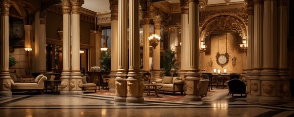 a luxurious hotel lobby's focal point, capturing the intricate details of its design, including ornate columns, decorative art, and a lack of seating, creating an atmosphere of uncluttered refinement.
