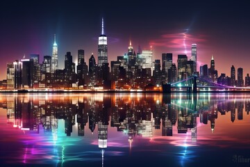 Fototapeta na wymiar Blurred night cityscape with colorful lights as captivating background for graphic design projects