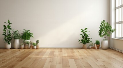 an empty modern contemporary loft room with a wooden floor, beautifully decorated with green potted...