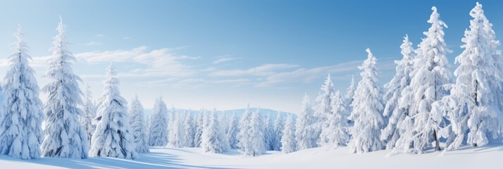 Enchanting winter panorama with snowy fir branches and delicate snowfall creating a magical ambiance