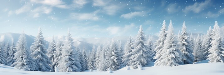 Captivating panoramic winter scene with snow covered fir branches and delicate snowfall