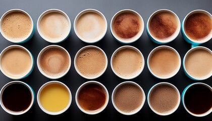 Various coffee mugs arranged in a delightful pattern on a white stone table, viewed from above
