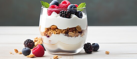 Close up photograph of a breakfast scene featuring a coconut yogurt parfait on a marble background...