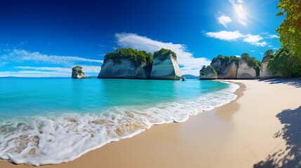 a panoramic view of Cathedral Cove beach on a sunny summer day, completely devoid of any people.