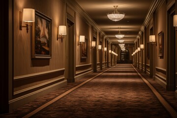  a luxurious hotel corridor, featuring elegant lighting, plush carpeting, and exquisite artwork adorning the walls. The corridor exudes opulence and sophistication.