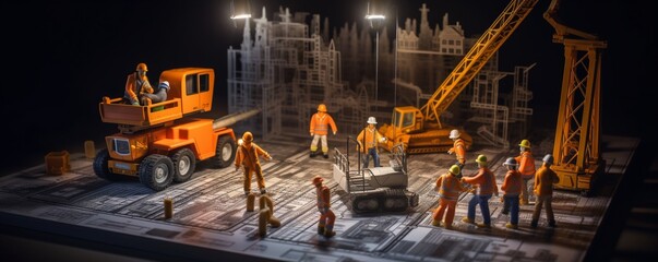 a miniature construction project taking shape on a blueprint, showcasing miniature construction equipment and tiny workers in hard hats working together to build a small structure.