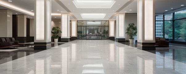 a modern commercial building lobby corridor with a sleek, minimalist design. The polished marble...
