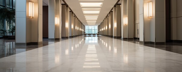 a modern commercial building lobby corridor with sleek, minimalist design. The polished marble...