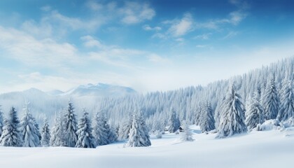 Fototapeta na wymiar winter wonderland enchanting panoramic snowscape with glistening fir branches and delicate snowfall