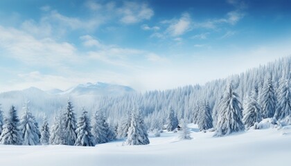 Fototapeta premium winter wonderland enchanting panoramic snowscape with glistening fir branches and delicate snowfall