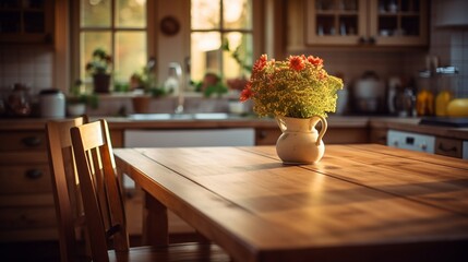 an empty wooden dining table in a cozy kitchen, with a blurred background showcasing the warm and...