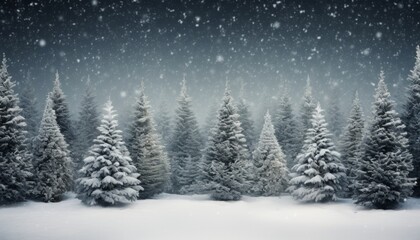 Enchanting winter panorama with glistening snow covered fir branches and delicate snowfall