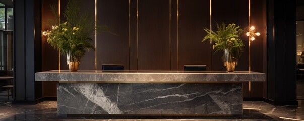 the reception desk in a boutique hotel lobby, showcasing its elegant design, with marble...