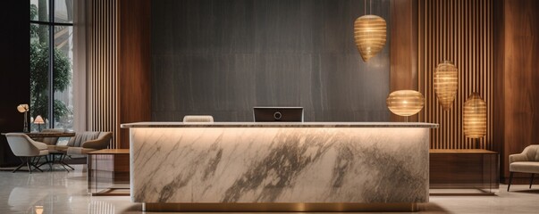 the reception desk in a boutique hotel lobby, showcasing its elegant design, with marble countertops, polished wood accents, and modern lighting.