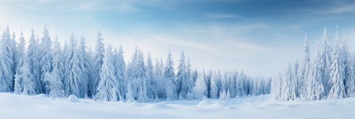 Enchanting winter panorama with glistening snow covered fir branches and delicate snowfall