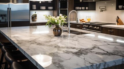 a close-up view of a sleek marble granite kitchen counter island in a modern, well-lit kitchen.