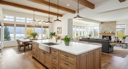 Fototapeta premium Stylish abode with traditional kitchen boasting wooden floors, beams, quartz counters, lights, sink, and windows. generative AI