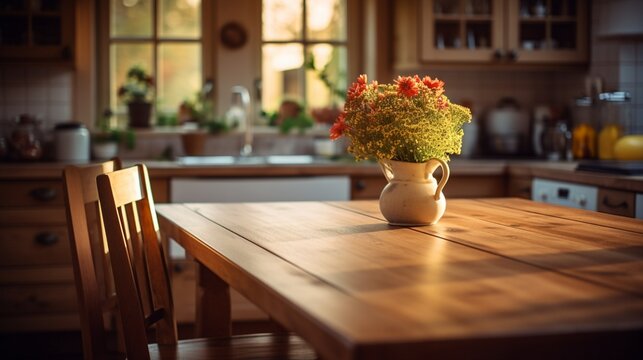 an empty wooden dining table in a cozy kitchen, with a blurred background showcasing the warm and inviting ambiance of the cooking area.