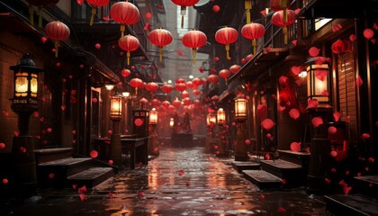 Chinese new year celebration colorful lanterns and festive atmosphere on a bustling street - obrazy, fototapety, plakaty