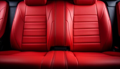 Frontal view of a sleek modern luxury car interior with comfortable red leather back passenger seats