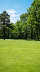 a serene green lawn surrounded by tall trees, with ample copy space in the clear sky above. The...