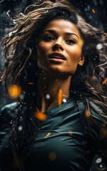 Graceful female footballer caught in a serene moment, embodying the poise and elegance of the sport amidst a light shower