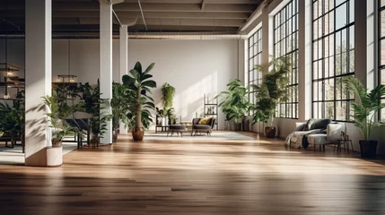Poster the spacious interior of a modern contemporary loft with a wooden floor adorned with potted plants. The image conveys the serene and high-quality ambiance of the room. © ZUBI CREATIONS