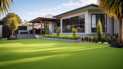 the front yard of a modern Australian house with a contemporary lawn turf featuring artificial grass and clean wooden edging for boundary decoration. - obrazy, fototapety, plakaty