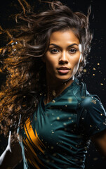 Confident woman soccer player with a fierce look, her hair caught in a swirl of action, symbolizing the dynamic nature of the sport.
