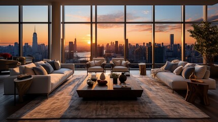 the interior of a luxurious penthouse with expansive windows offering breathtaking views of the...
