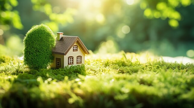 an eco house nestled in a lush green environment, with a charming miniature house placed on a bed of fresh green grass. The image emphasizes the harmony between architecture and nature.