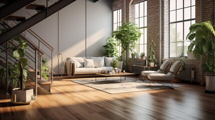 the spacious interior of a modern contemporary loft with a wooden floor adorned with potted plants....