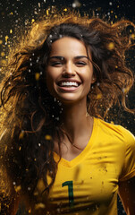 Goalkeeper's radiant smile amidst victory celebration, confetti in the air. The face of a champion in women's soccer.
