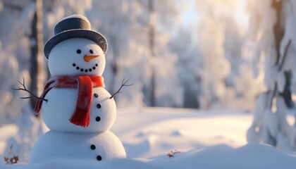 Charming close up of a cute snowman with a festive hat and cozy scarf in a winter forest