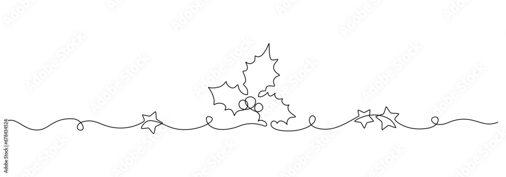 Leinwandbilder one continuous line drawing of christmas holly. festive greeting card and banner with mistletoe desi