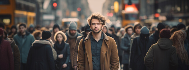Lonely young man walks down the street among a crowd of people - obrazy, fototapety, plakaty
