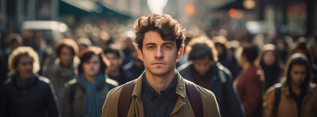 Lonely young man walks down the street among a crowd of people - obrazy, fototapety, plakaty
