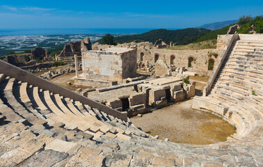 Picturesque landscape overlooking the Roman amphitheater in the ancient Lycian city of Rhodiapolis,...