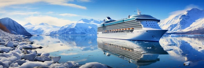 Poster Stunning northern seascape with cruise ship sailing amidst glaciers in canada or alaska © Ilja