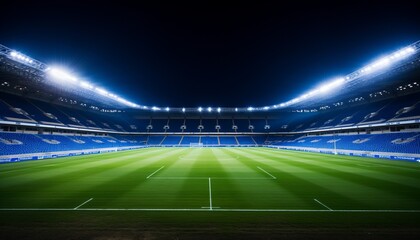Empty soccer stadium at night with mesmerizing white and blue illumination on the professional field