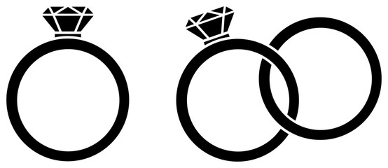 Ring with gem icon set. Engagement rings silhouette.  - obrazy, fototapety, plakaty
