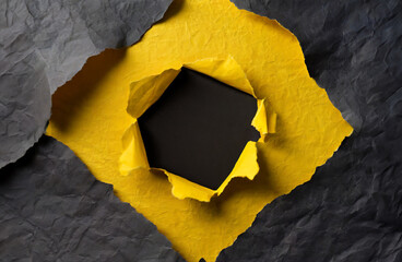 Stacked yellow and black wrinkled or crumpled paper with a hole in the middle forms an unusual background.