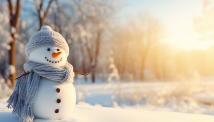 Fototapeta premium Charming close up of a cute snowman in a hat and scarf surrounded by the enchanting winter forest