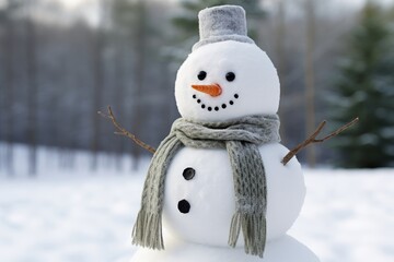 Fototapeta premium Adorable snowman with hat and scarf in winter forest, close up with blurred background