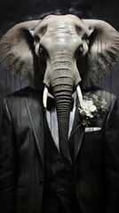 Fototapeta na wymiar Elegant Elephant in a Tuxedo Holding a Beautiful Bouquet of Flowers Generative AI