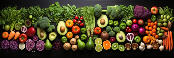 Vibrant and nutritious assortment of fresh vegetables and fruits on dark solid background