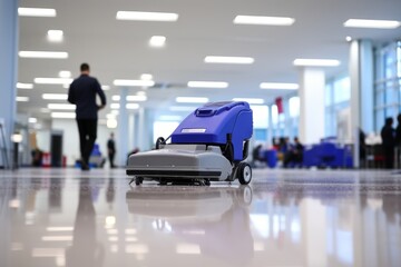 Office floor cleaning service   detailed shot of person cleaning with blurred office background