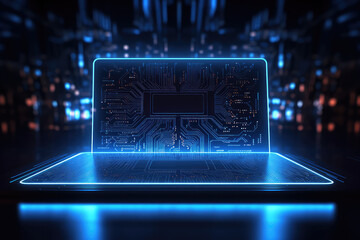 Fototapeta premium Circuit board technology. Microchip processor circuit on dark blue background. Information Processing Concept. Generative AI.