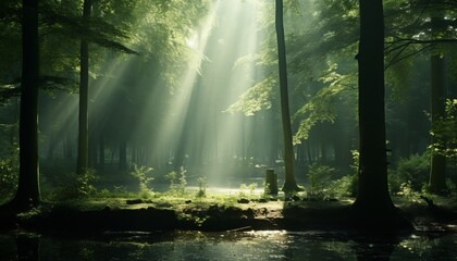 Captivating sunbeams casting a mesmerizing glow in a misty forest with radiant sun light rays